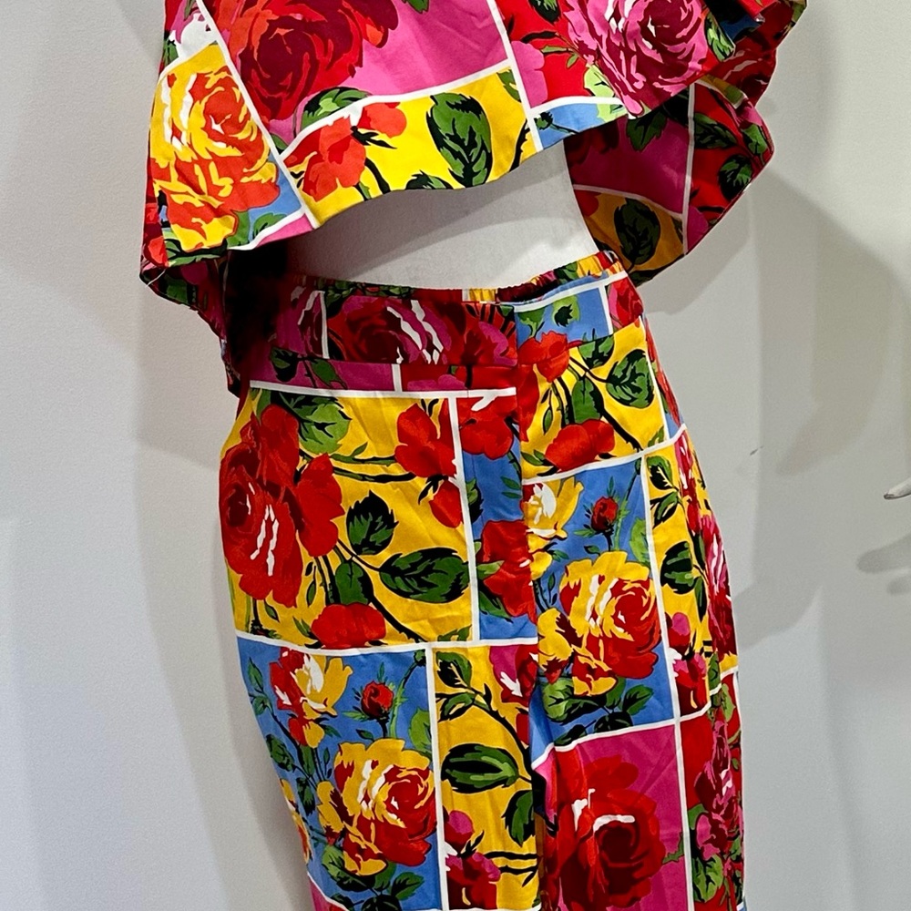 New York & Company Yellow Multi Floral Patchwork two piece crop top pantsuit